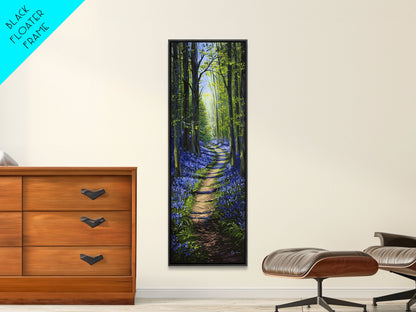 Pathway Through Enchanting Bluebell Woods in Tall Skinny Art Framed Canvas Print for Peaceful Wall Decor and Interior Design