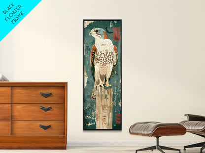 Majestic Hawk Perched On Weathered Stump Textured Background Skinny Art Tall Art Framed Canvas Print Japanese Style Art Ukiyo-e Art Wood Block Print