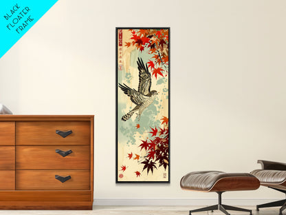 Hawk In Flight Among Red Maple Leaves Tall Art Skinny Art Framed Canvas Print Japanese Style Art Ukiyo-e Wood Block Print