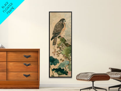 Majestic Hawk Perched Among Verdant Foliage Ukiyo-e Tall Skinny Wood Block Framed Canvas Print Japanese Style Art