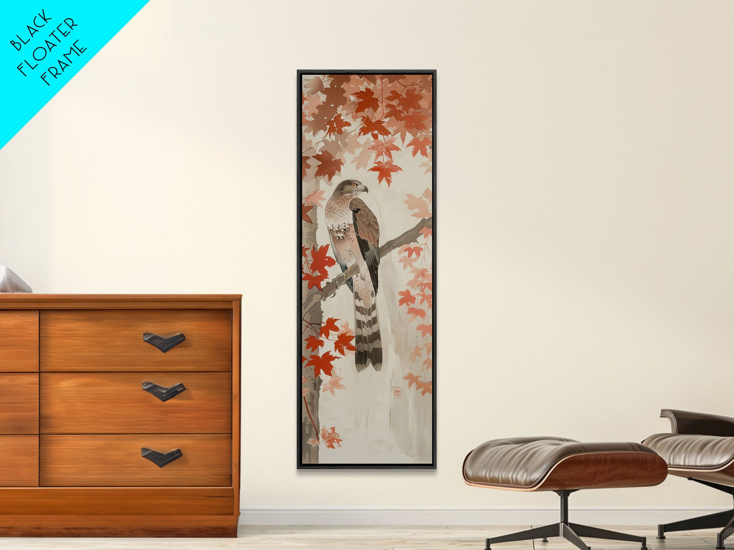 Majestic Hawk Perched Among Autumn Leaves, Framed Canvas Print In Skinny Tall Style, Japanese Style Art For Feng Shui Wall Art
