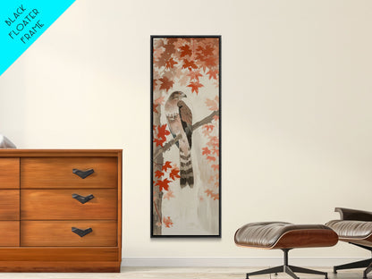Majestic Hawk Perched Among Autumn Leaves, Framed Canvas Print In Skinny Tall Style, Japanese Style Art For Feng Shui Wall Art