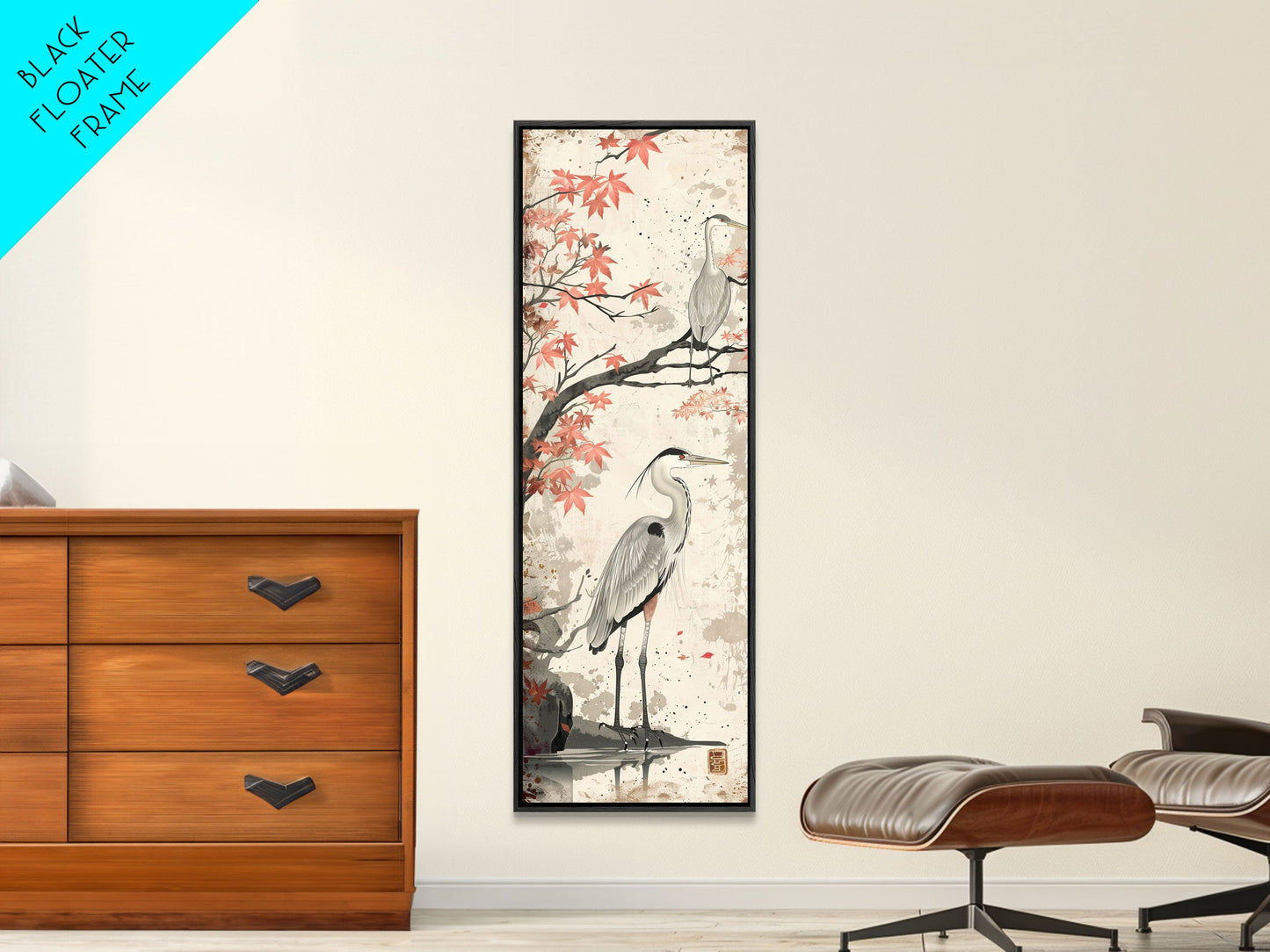 Herons On Autumn Branches Skinny Art Wood Block Print Japanese Style Art Framed Canvas Print Tall Art Ukiyo-e Art