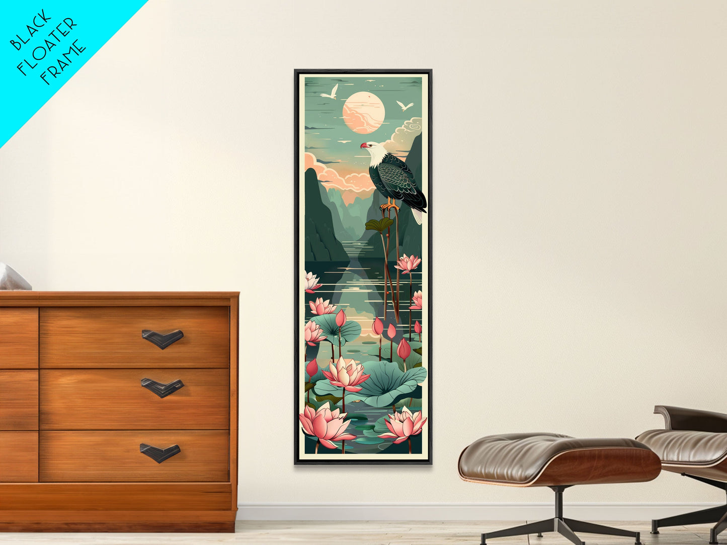 Majestic Eagle Over Lotus Pond Skinny Art Tall Art Japanese Ukiyo-e Inspired Nature Framed Canvas Print for Home and Office