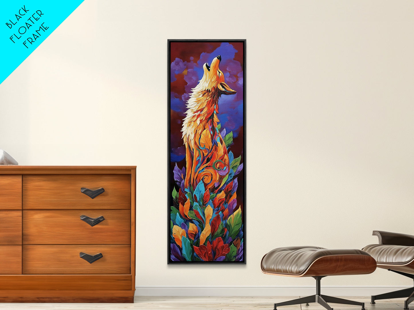 Colorful Howling Wolf Canvas Print rustic decor, long narrow wall art, wildlife painting, tall skinny art, moody art, animal wall art, whimsical art, southwest wall art, Joshua tree art