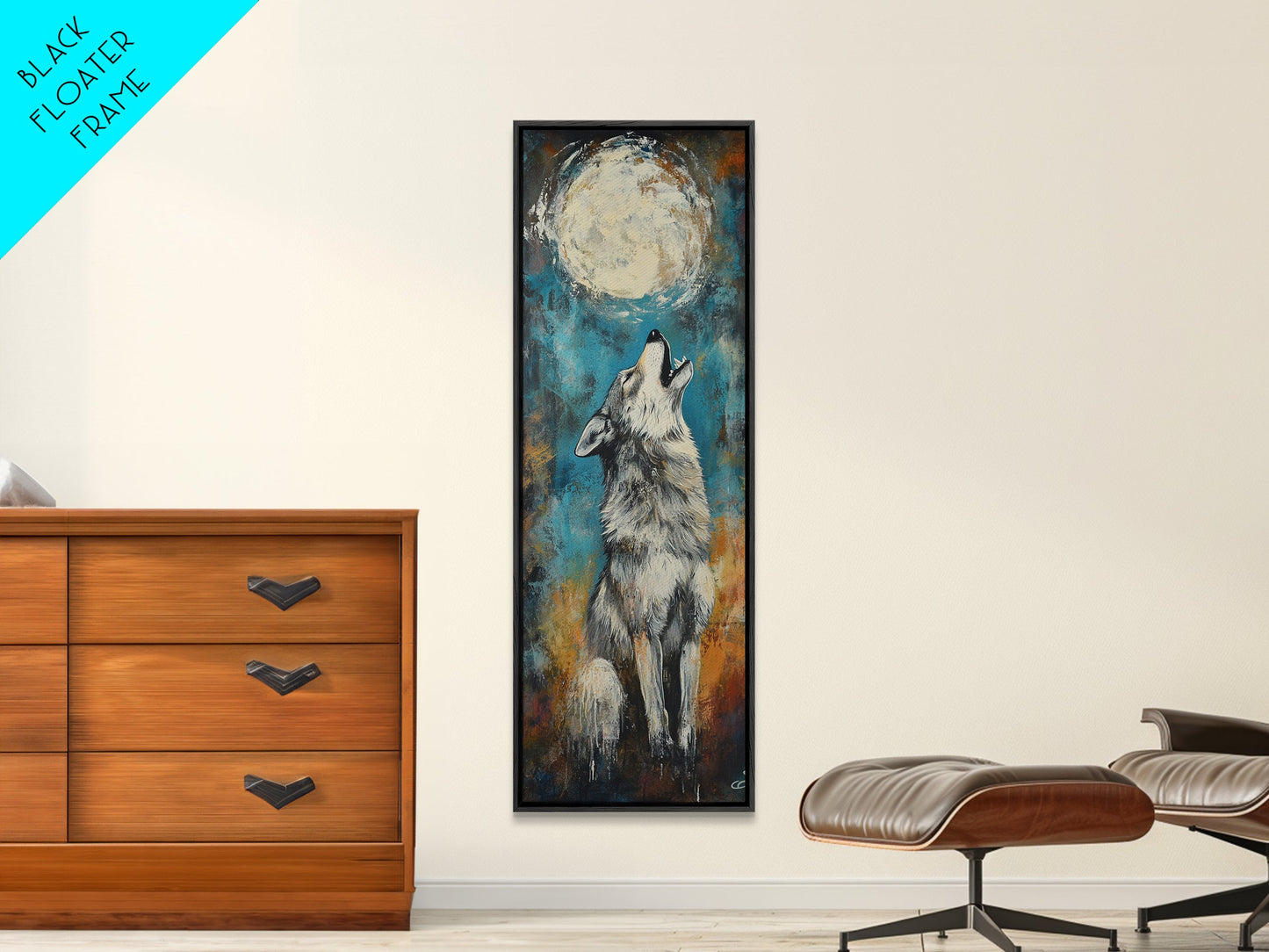Full Moon Howling Wolf Canvas Print moody art, celestial wall art, nighttime painting, rustic decor, mountain painting, above bed wall art, blue and green wall art, bedroom art, southwest wall art