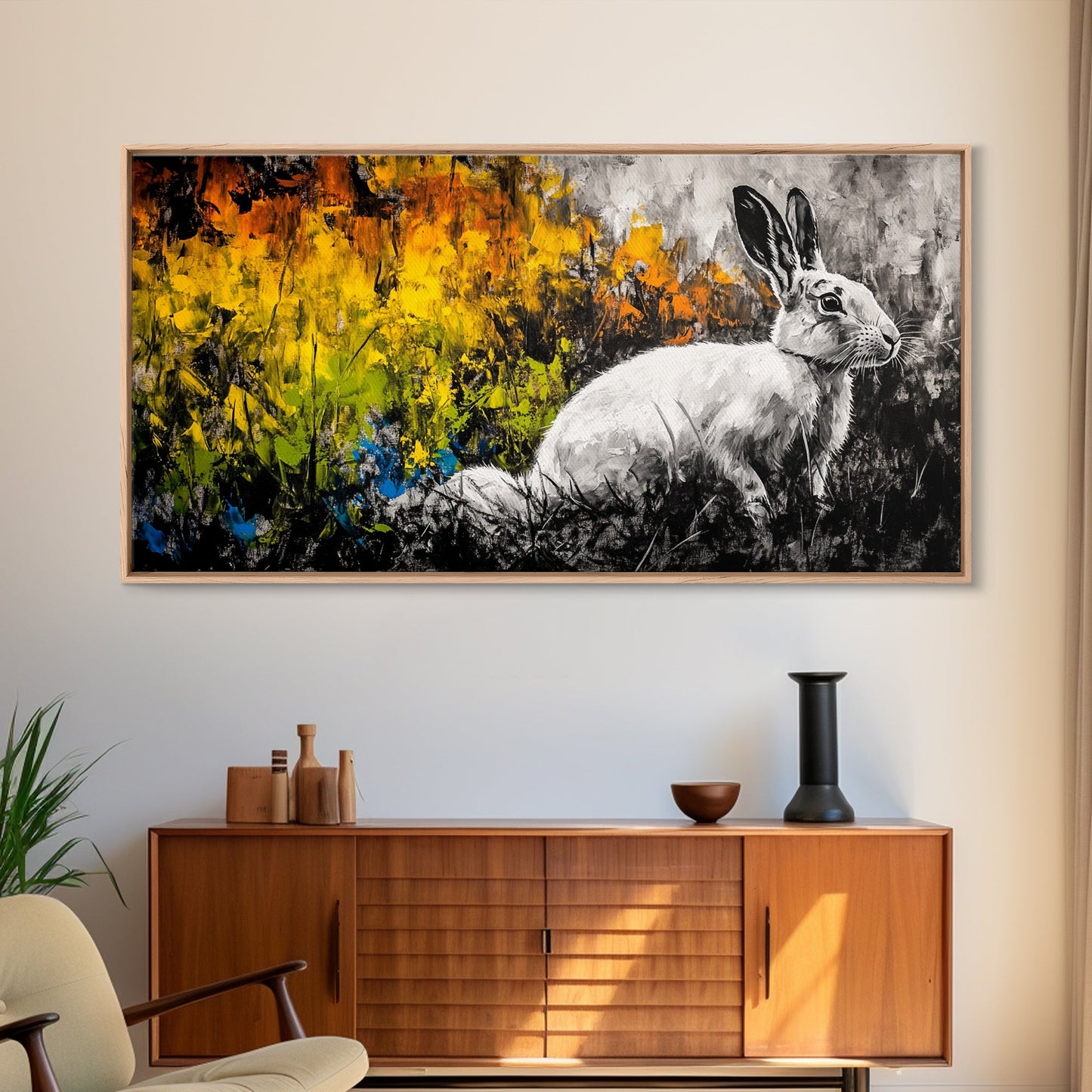 White Rabbit, whimsical art, forest at dusk painting, rustic wall art, farmhouse art, wildflower painting, Framed Canvas Print, cozy decor