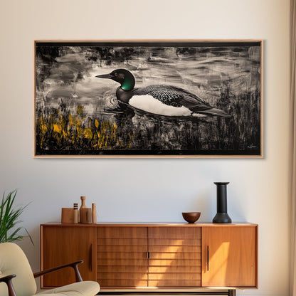Loon Water Bird, Black and White Painting, Rustic Wildlife Art, Nature Wall Art, Lake House Decor, Framed Canvas Print, Extra Wide Art