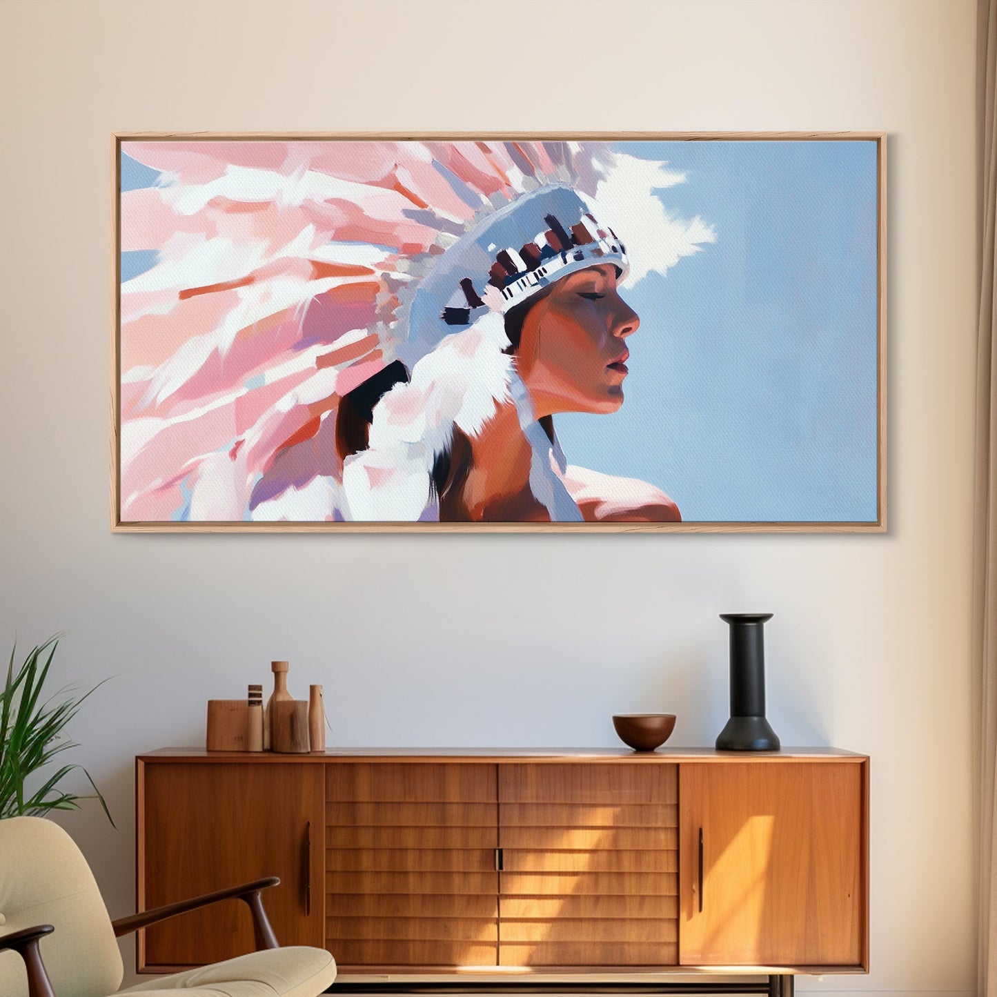 Native American Art, Woman in Headdress, Southwest Wall Art, Cultural Portrait, Framed Canvas Print, Extra Wide Art, Rustic Decor