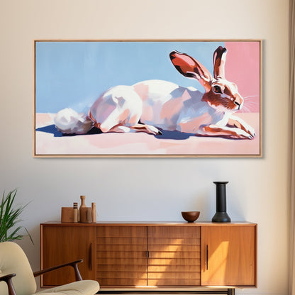 Jackrabbit, desert wildlife, whimsical art, framed canvas print, pink wall art, gift idea, light pink wall art, above sofa art