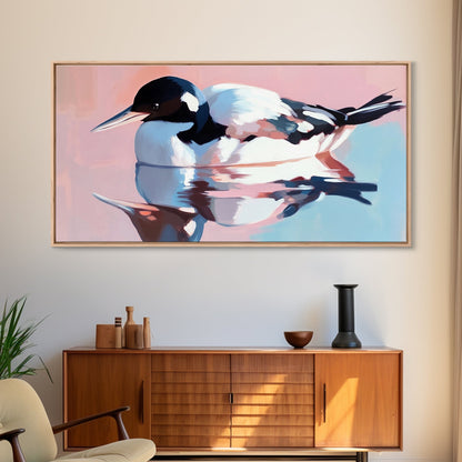 Waterfowl Reflection, bird art, lake Tahoe art, coastal painting, wildlife decor, pink orange wall art, framed canvas print