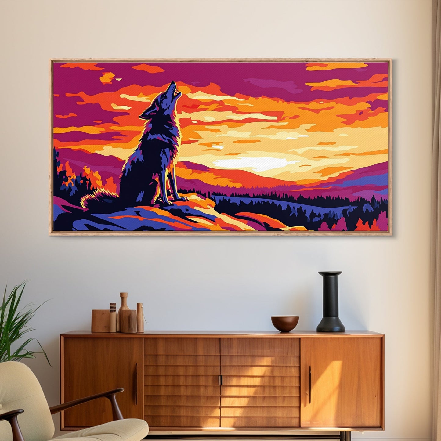 Howling Wolf, mountain painting, pine tree art, rustic decor, panoramic painting, southwest wall art, landscape painting, Canvas Print, gift