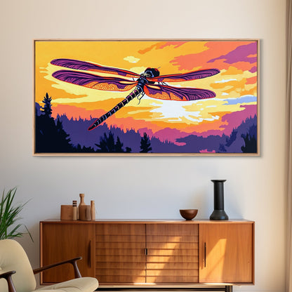 Dragonfly Glow, whimsical art, nature painting, wildflower painting, botanical prints, pink orange wall art, framed canvas print