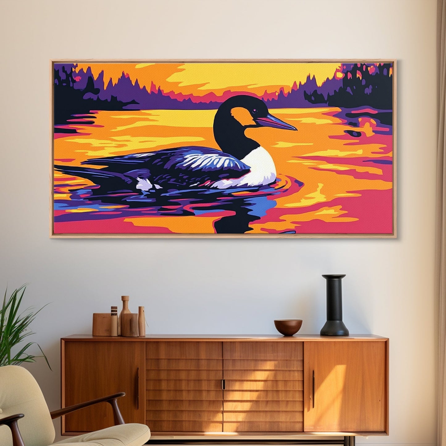 Loon on the Lake, bird art, moody art, rustic wall art, nature painting, coastal decor, lake Tahoe art, framed canvas print