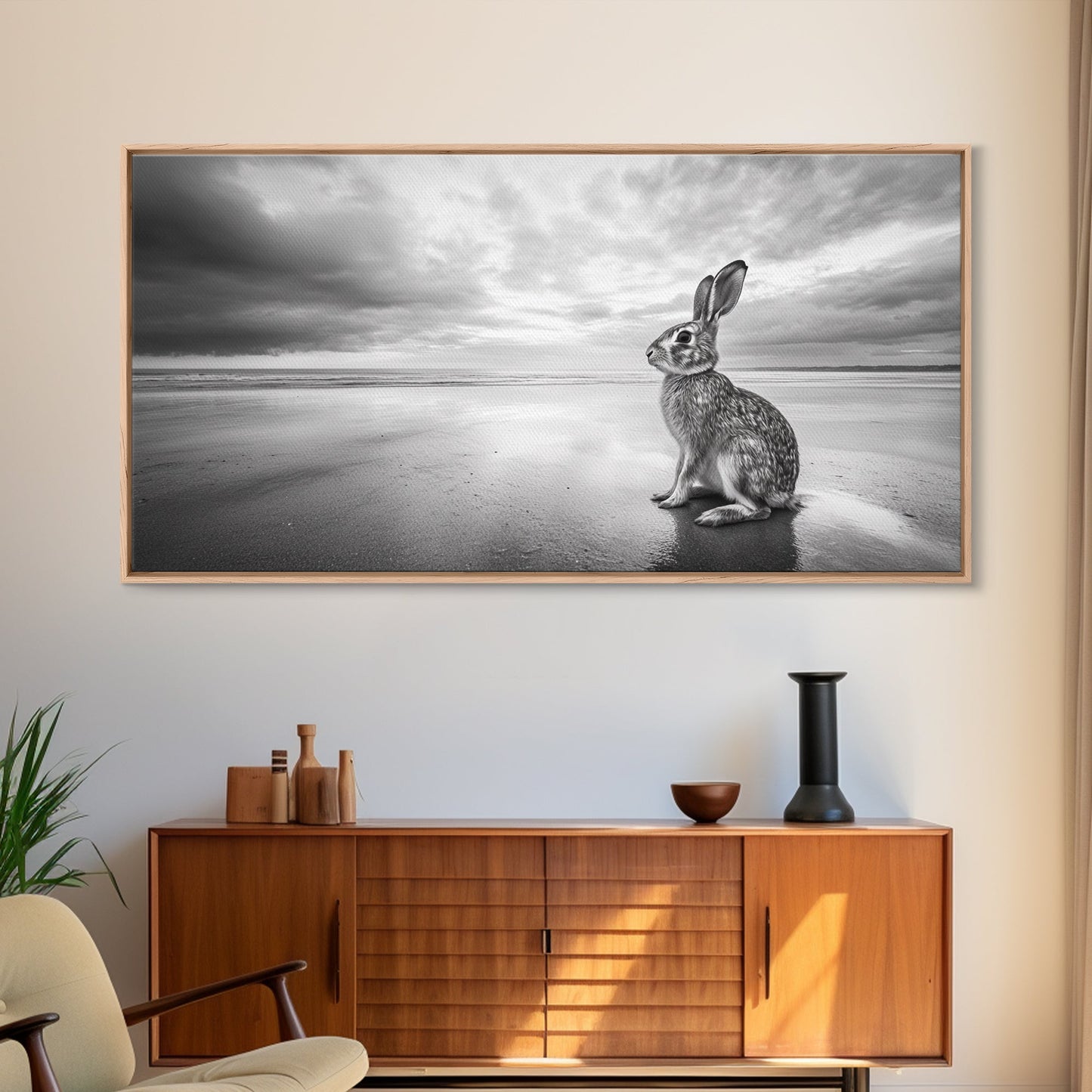Rabbit Beach, whimsical art, coastal decor, animal painting, nature wall art, moody art, soft neutral tones, beach photography, Canvas Print