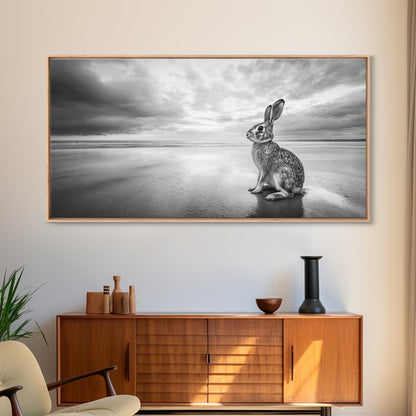 Rabbit Beach, whimsical art, coastal decor, animal painting, nature wall art, moody art, soft neutral tones, beach photography, Canvas Print