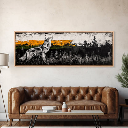 Howling Wolf Art, coyote painting, southwest wall art, rustic decor, black and white art, extra wide art, framed canvas print, panoramic painting