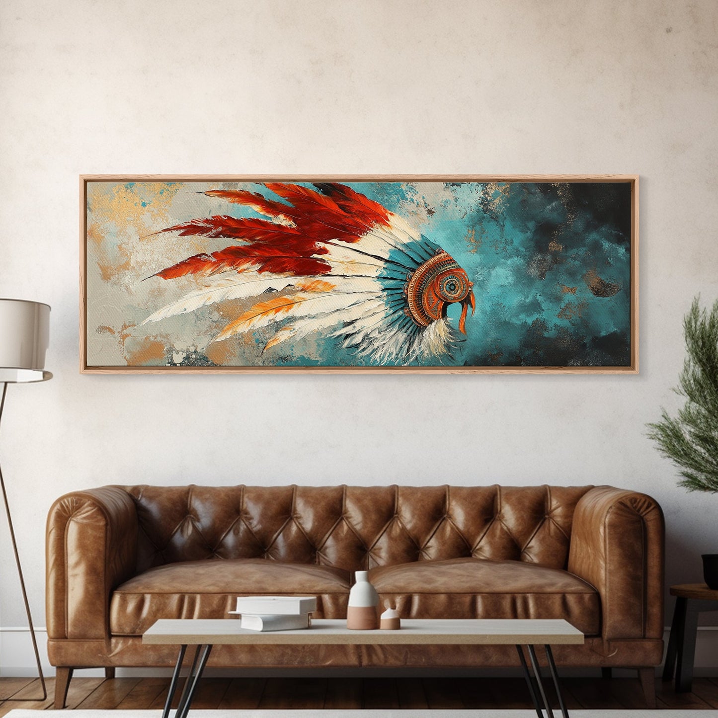 Native American Headdress, modern portrait, southwest wall art, moody art, framed canvas print, gift idea for her