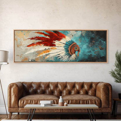 Native American Headdress, modern portrait, southwest wall art, moody art, framed canvas print, gift idea for her