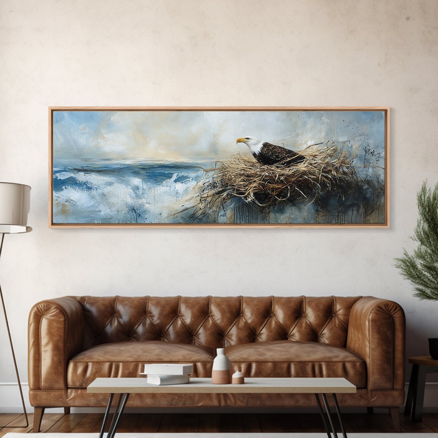 Eagle Nest, bird art, wildlife painting, coastal wall art, seascape painting, moody art, extra wide art, framed canvas print, above sofa art
