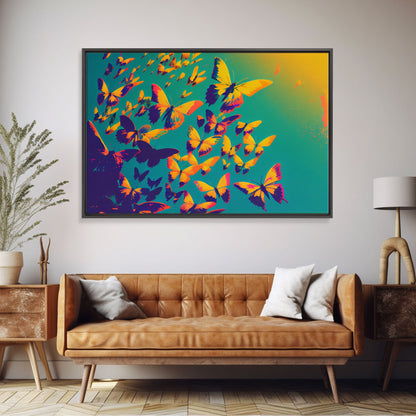 Synthwave Tangerine butterflies, beautiful butterfly art, framed canvas print, framed wall art