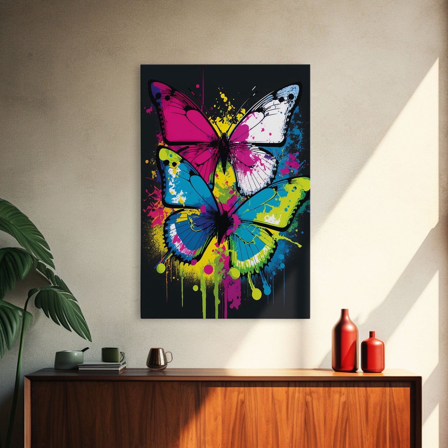 Graffiti Butterfly Art, Framed Canvas Print, Large Wall Art, Contemporary Punk Art, Butterflies, Pop Art, Paint Splatter Art