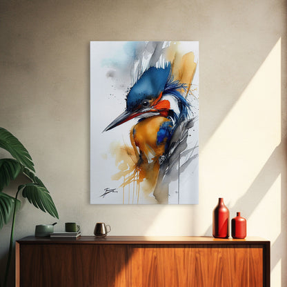 Watercolor of a Kingfisher, Framed Canvas Print, Bird Painting, Bird Watcher Art, Blue and Orange Kingfisher Watercolor Painting