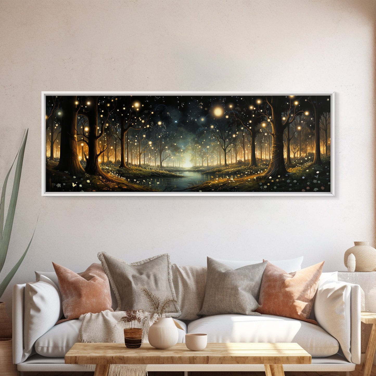 Fantasy Forest Fireflies - Framed Canvas Print - Gorgeous Fantasy Art with Glowing Lightning Bugs - Framed Wall Art for a Magical Touch