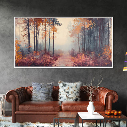 Misty Autumn Woods Framed Canvas Print, Moody Fall Pathway Art, Fall Home Decor, Modern Farmhouse Seasonal Wall Art, Holiday Gift Idea