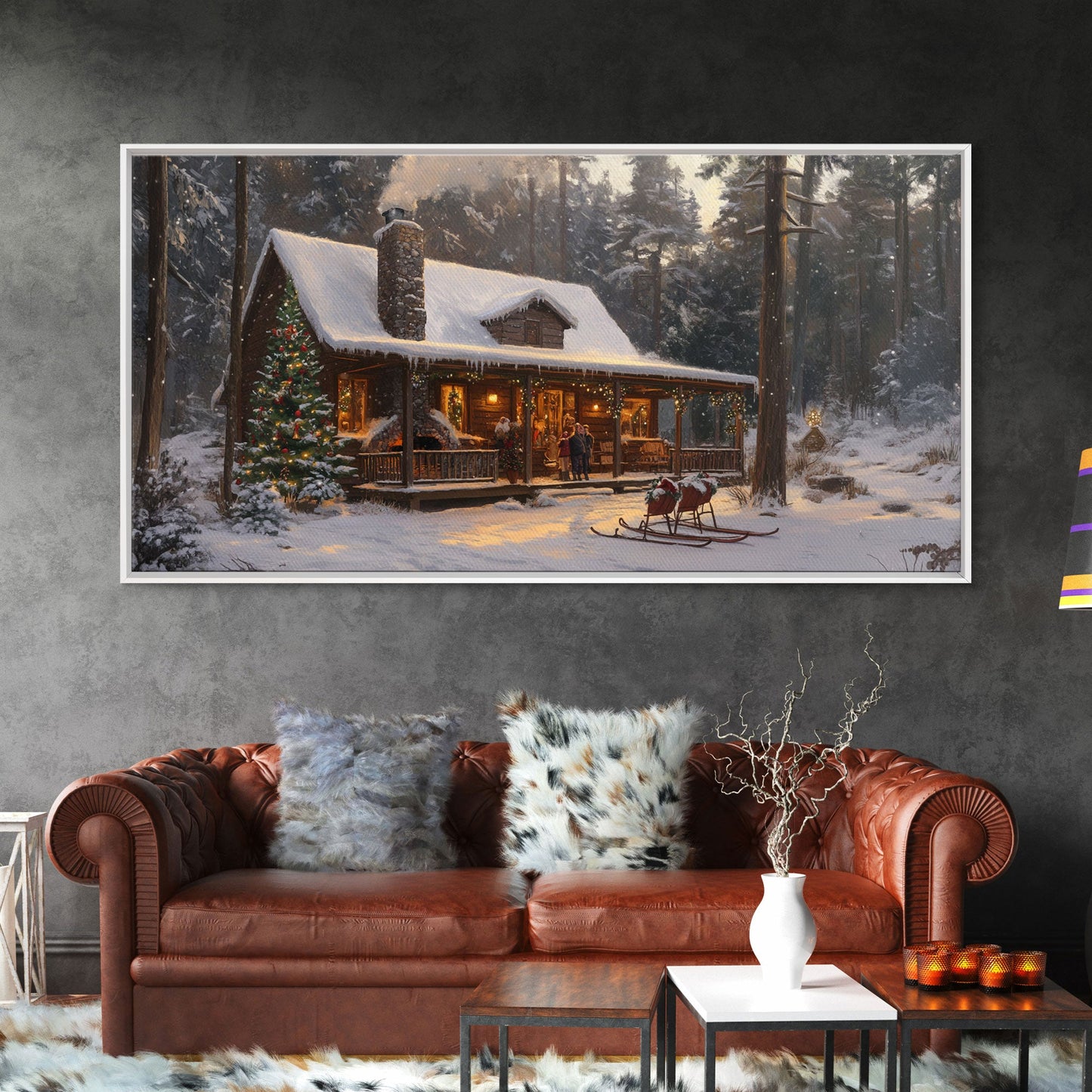 Cozy Christmas Cabin in Woods Framed Canvas Print - Rustic Christmas Decor and Winter Wonderland Scene with Holiday Wall Art