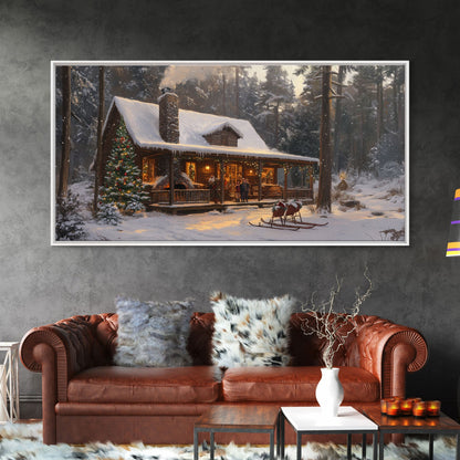 Cozy Christmas Cabin in Woods Framed Canvas Print - Rustic Christmas Decor and Winter Wonderland Scene with Holiday Wall Art