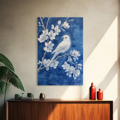 Blue Botanial Wall Art Chinoiserie Wall Art, White Bird, Blue Chinoiserie Home Decor, Botanical Print, Bird Painting, Framed Canvas Print