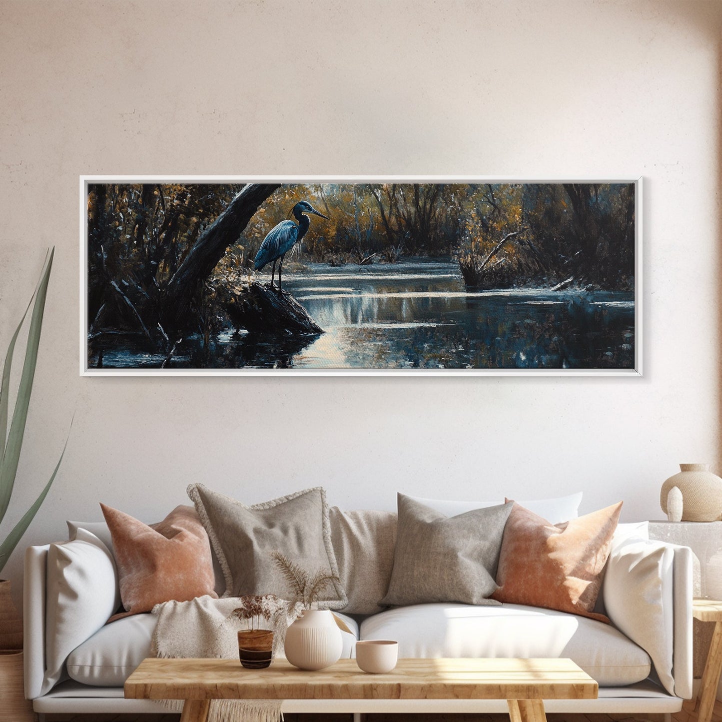 Blue Heron Wall Art, Framed Canvas Print, Nautical Home Decor, Blue Heron Painting, Panoramic Horizontal Wall Art