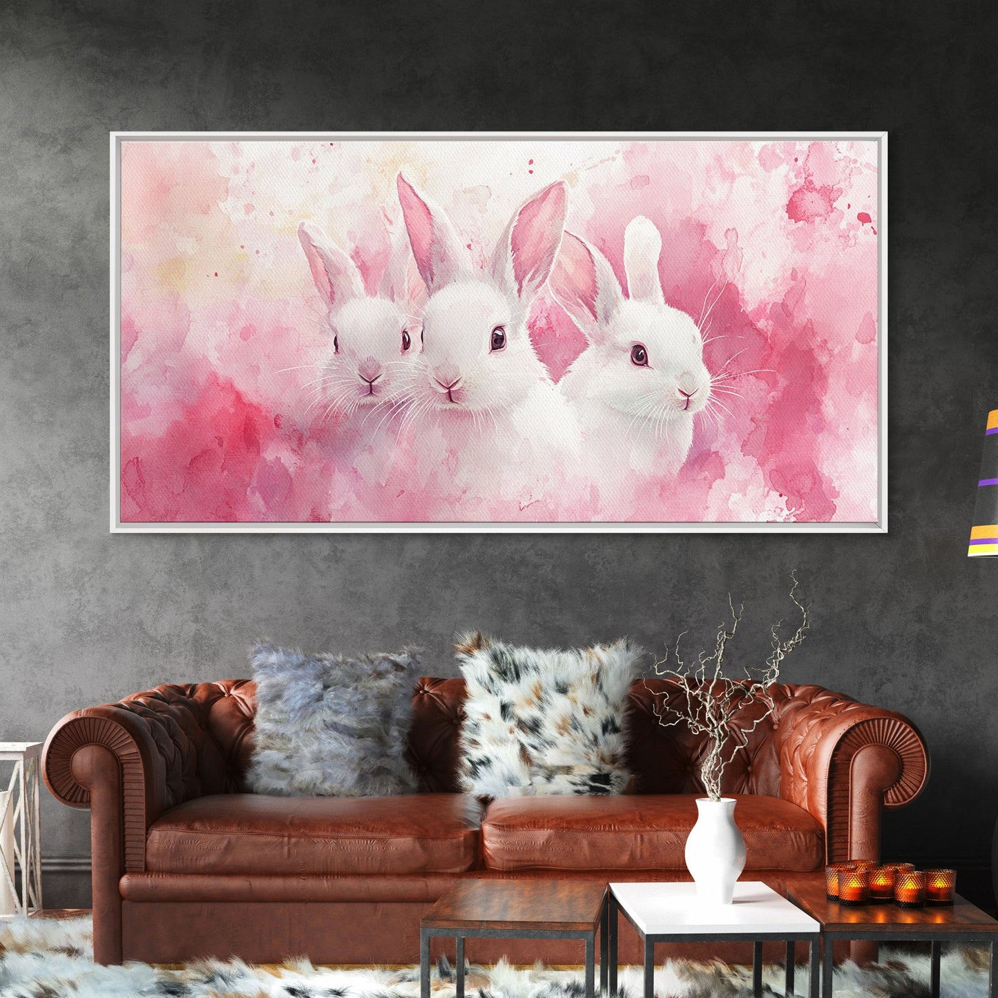Three Bunnies Canvas Print, Adorable Pink Abstract Art Featuring Rabbits, Whimsical Nursery Wall Decor or Easter Themed Art