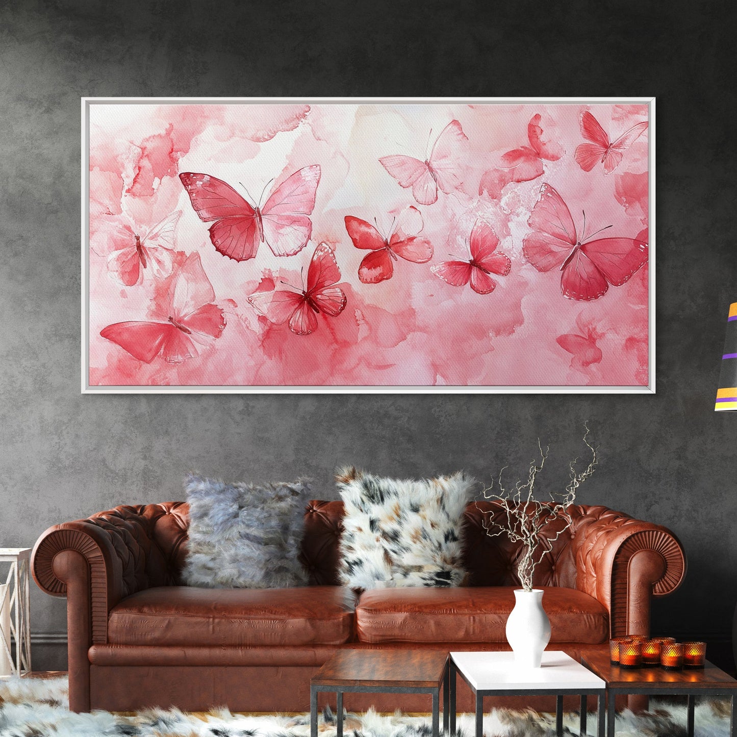 Pink Butterfly Collection Illustration in Whimsical Wall Art Style on Framed Canvas Print, Feminine Bedroom or Living Room Decor