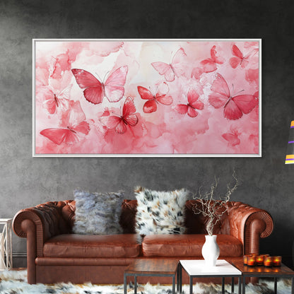 Pink Butterfly Collection Illustration in Whimsical Wall Art Style on Framed Canvas Print, Feminine Bedroom or Living Room Decor