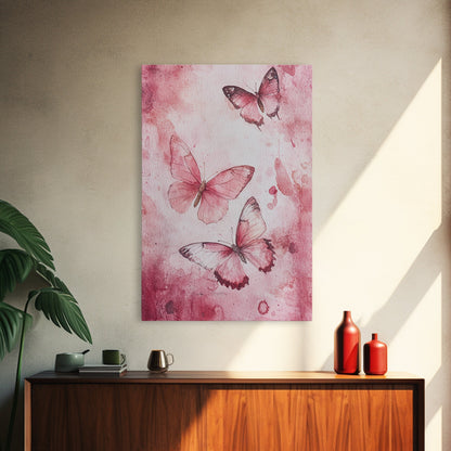 Pink Butterfly Botanical Prints Canvas Print Soft Whimsical Nature Inspired Bedroom or Living Room Art Light Pink Wall Decor