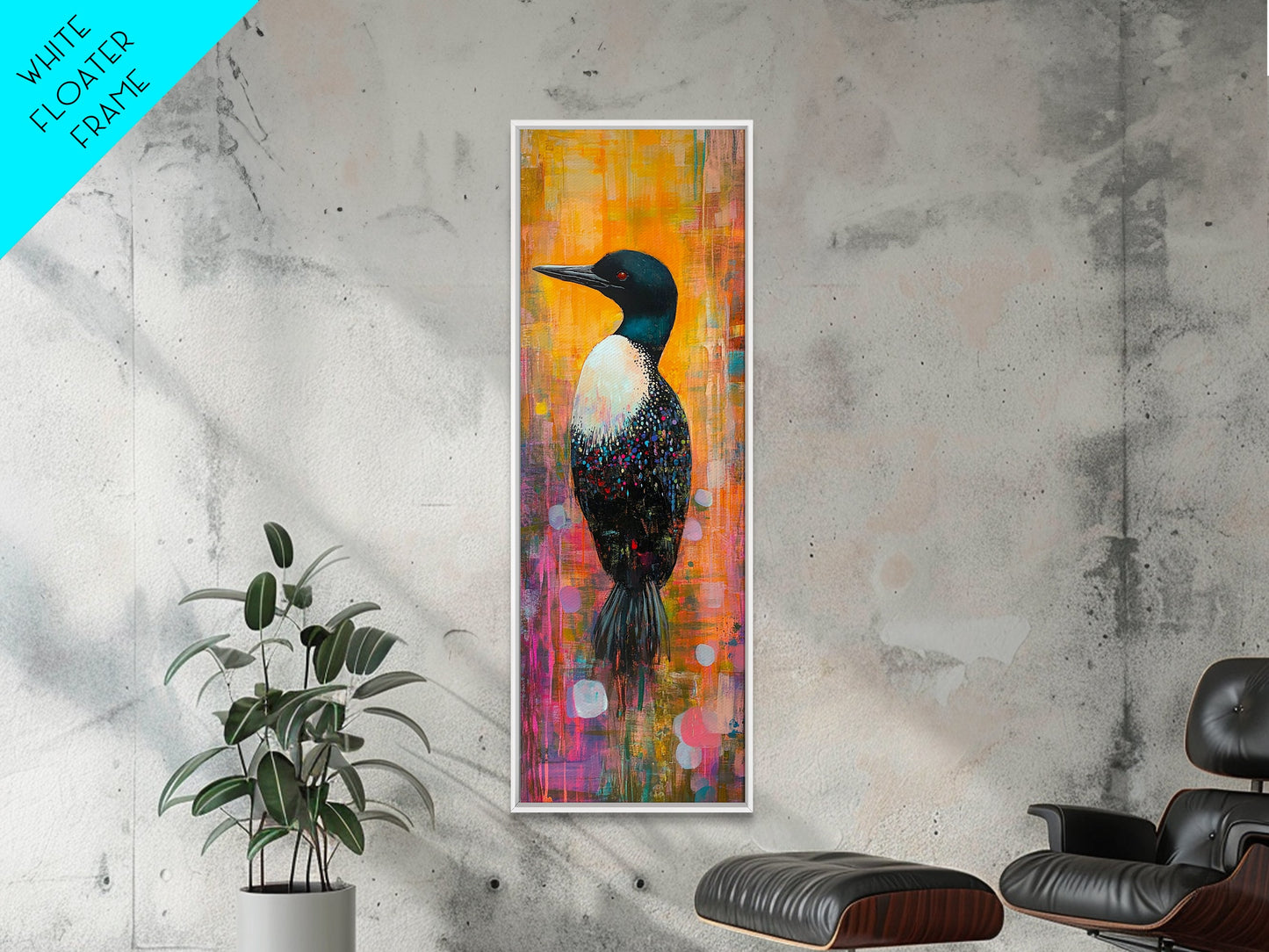 Loon painting, bird art, whimsical art, colorful art, tall narrow art, framed canvas print, moody art, bedroom decor, modern style