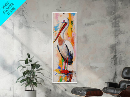 Colorful Pelican, bird art, framed canvas print, whimsical art, vibrant wall art, coastal decor, blue heron painting, rustic art