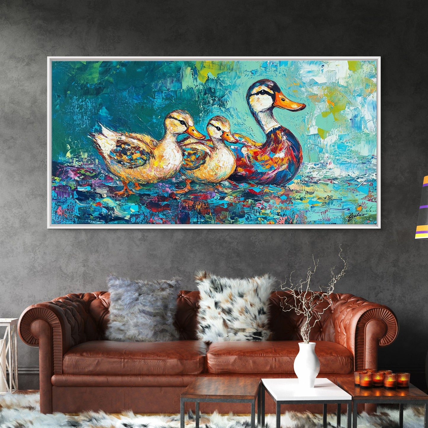 Duck Family, bird art, whimsical art, teal wall art, gift idea for her, landscape painting, extra wide art, Framed Canvas Print