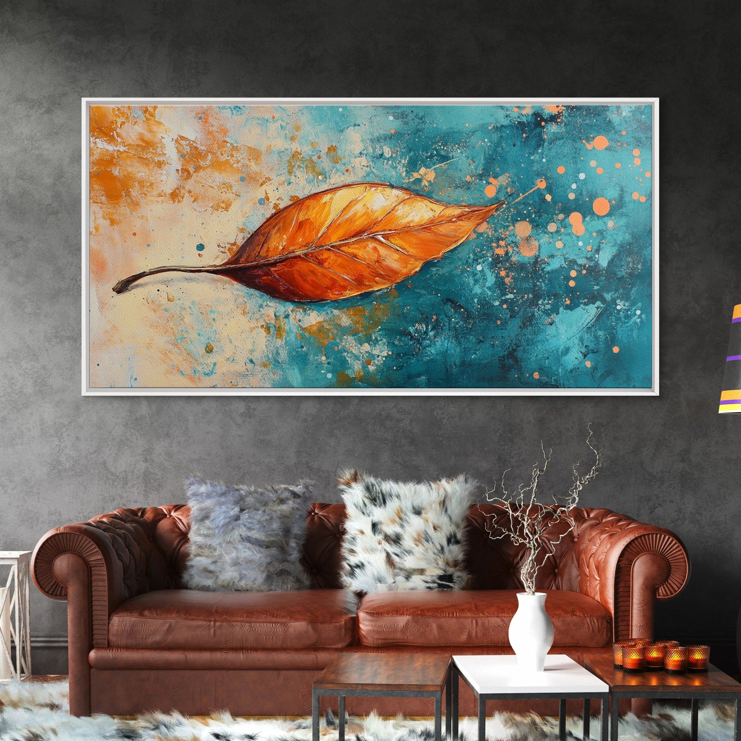 Autumn Leaf, fall painting, teal wall art, botanical prints, moody art, textured painting, gift idea for her, Canvas Print