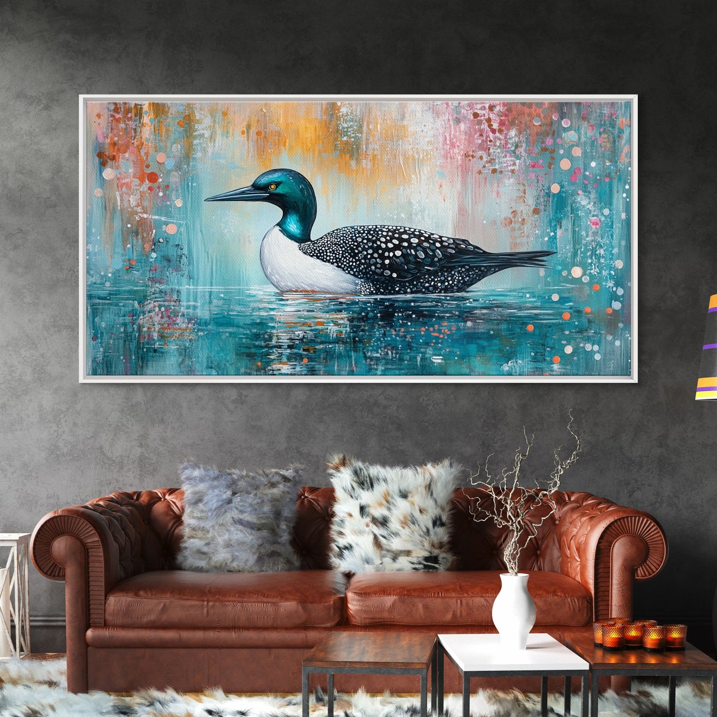 Loon Swimming Art, bird art, teal wall art, nature painting, lake decor, moody art, framed canvas print, rustic wall art