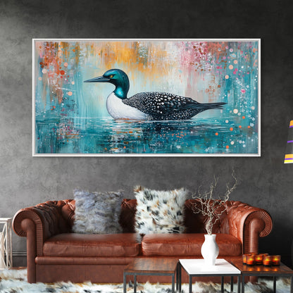 Loon Swimming Art, bird art, teal wall art, nature painting, lake decor, moody art, framed canvas print, rustic wall art