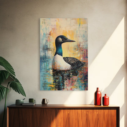 Loon Painting, bird art, blue and green wall art, moody art, gift idea for him, rustic decor, Framed Canvas Print, above couch art