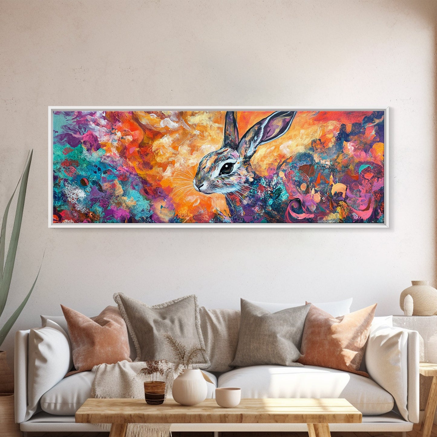 Colorful Abstract Rabbit Canvas Print, Vibrant Animal Wall Art, Boho Bunny Painting, Nature Wildlife Art, Playful Bedroom Decor