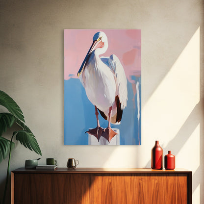 White Pelican, Coastal, Bird Art, Pastel, Beach House, Nature, Wildlife, Serenity, Aesthetic, Light Blue, Living Room, Canvas Print