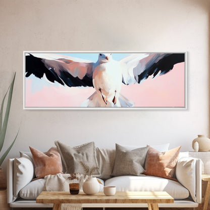 Flying Seagull, Coastal Bird, Ocean Breeze, Nautical Theme, Minimalist Art, Framed Canvas Print, Beach House Wall Art, Seaside Decor