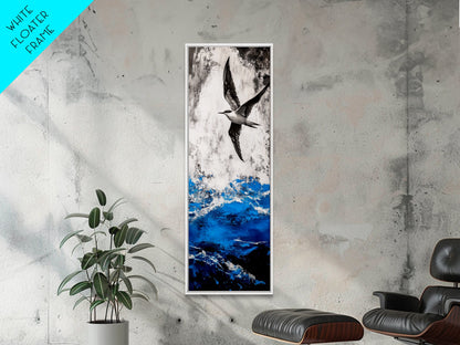 Ocean Bird, Stormy Waves, Blue and White, Framed Canvas Print, Nautical Wall Art, Minimalist Coastal Decor, Bedroom Artwork
