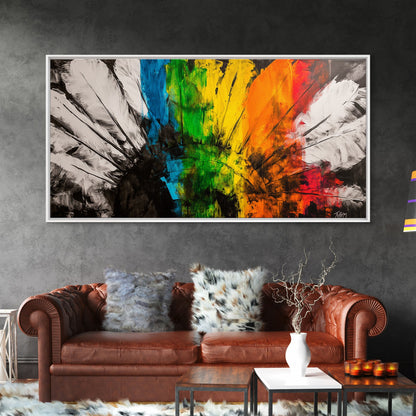 Rainbow Feathers, Colorful Abstract Art, Boho Wall Decor, Native American Inspired, Framed Canvas Print, Large Wall Art