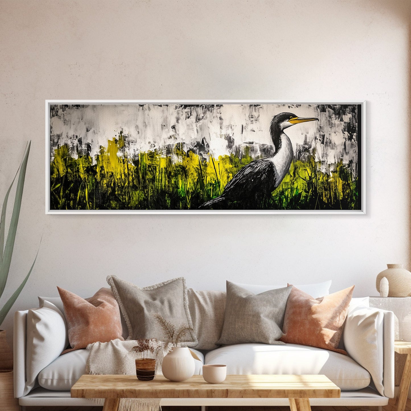Modern Bird Art, Black and White Wall Decor, Nature Painting, Wildlife Art, Abstract Landscape, Living Room Wall Art, Framed Canvas Print